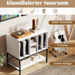 Plattenspielerständer mit Ladestation & Vinyl-Aufbewahrung Beistellschrank Vinyl-Display Regal Weiß