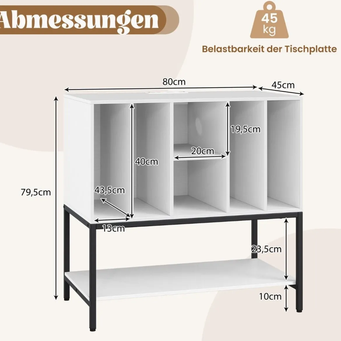 Plattenspielerständer mit Ladestation & Vinyl-Aufbewahrung Beistellschrank Vinyl-Display Regal Weiß