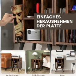 Plattenspieler-Ständer mit Ladestation & 4 Offenen Ablagen Vinylplatten Plattenspielertisch Vintage/Grau