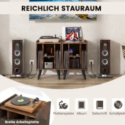 Plattenspieler-Ständer mit Ladestation & 4 Offenen Ablagen Vinylplatten Plattenspielertisch Vintage/Grau