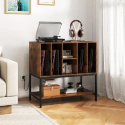 Plattenspielerständer mit Ladestation & Vinyl-Aufbewahrung Beistellschrank Vinyl-Display Regal Kaffee