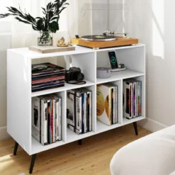 Plattenspielerständer mit Ladestation Plattenspielerständer mit Vinyl-Aufbewahrungsregalen Weiß