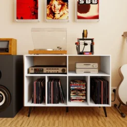 Plattenspielerständer mit Ladestation Plattenspielerständer mit Vinyl-Aufbewahrungsregalen Weiß