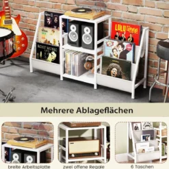 Plattenspielerständer mit Vinyl-Regal & 3 Ablagen & 6 Aufbewahrungstaschen Schallplattenständer Weiß