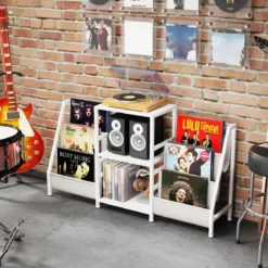 Plattenspielerständer mit Vinyl-Regal & 3 Ablagen & 6 Aufbewahrungstaschen Schallplattenständer Weiß