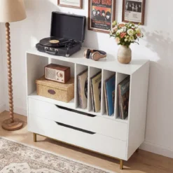 Plattenspieler-Ständer mit 4 Vinyl-Fächern & 2 Schubladen Retro Vinyl Halterung Weiß