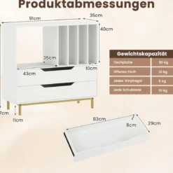 Plattenspieler-Ständer mit 4 Vinyl-Fächern & 2 Schubladen Retro Vinyl Halterung Weiß