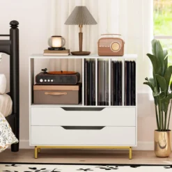 Plattenspieler-Ständer mit 4 Vinyl-Fächern & 2 Schubladen Retro Vinyl Halterung Weiß