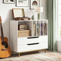 Plattenspieler-Ständer mit 4 Vinyl-Fächern & 2 Schubladen Retro Vinyl Halterung Weiß