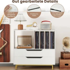 Plattenspieler-Ständer mit 4 Vinyl-Fächern & 2 Schubladen Retro Vinyl Halterung Weiß