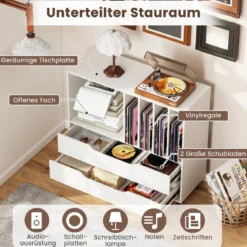 Plattenspieler-Ständer mit 4 Vinyl-Fächern & 2 Schubladen Retro Vinyl Halterung Weiß
