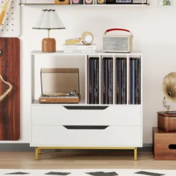 Plattenspieler-Ständer mit 4 Vinyl-Fächern & 2 Schubladen Retro Vinyl Halterung Weiß