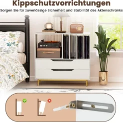 Plattenspieler-Ständer mit 4 Vinyl-Fächern & 2 Schubladen Retro Vinyl Halterung Weiß