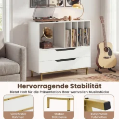 Plattenspieler-Ständer mit 4 Vinyl-Fächern & 2 Schubladen Retro Vinyl Halterung Weiß