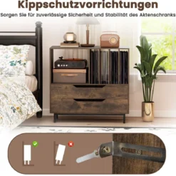 Plattenspieler-Ständer mit 4 Vinyl-Fächern & 2 Schubladen Retro Vinyl Halterung Rustikal Braun