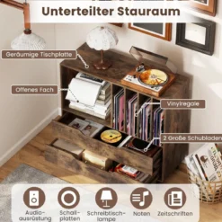 Plattenspieler-Ständer mit 4 Vinyl-Fächern & 2 Schubladen Retro Vinyl Halterung Rustikal Braun
