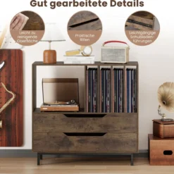 Plattenspieler-Ständer mit 4 Vinyl-Fächern & 2 Schubladen Retro Vinyl Halterung Rustikal Braun