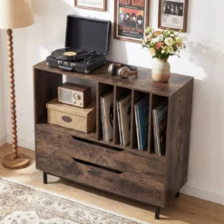 Plattenspieler-Ständer mit 4 Vinyl-Fächern & 2 Schubladen Retro Vinyl Halterung Rustikal Braun