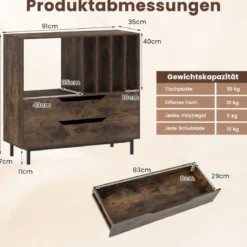 Plattenspieler-Ständer mit 4 Vinyl-Fächern & 2 Schubladen Retro Vinyl Halterung Rustikal Braun