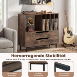 Plattenspieler-Ständer mit 4 Vinyl-Fächern & 2 Schubladen Retro Vinyl Halterung Rustikal Braun