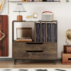 Plattenspieler-Ständer mit 4 Vinyl-Fächern & 2 Schubladen Retro Vinyl Halterung Rustikal Braun