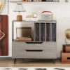 Plattenspieler-Ständer mit 4 Vinyl-Fächern & 2 Schubladen Retro Vinyl Halterung Grau