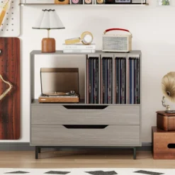 Plattenspieler-Ständer mit 4 Vinyl-Fächern & 2 Schubladen Retro Vinyl Halterung Grau