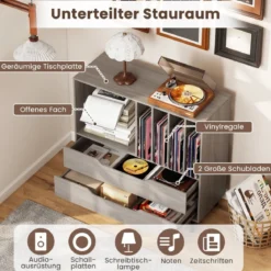 Plattenspieler-Ständer mit 4 Vinyl-Fächern & 2 Schubladen Retro Vinyl Halterung Grau