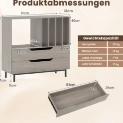 Plattenspieler-Ständer mit 4 Vinyl-Fächern & 2 Schubladen Retro Vinyl Halterung Grau