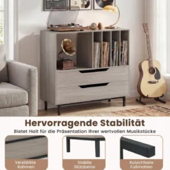Plattenspieler-Ständer mit 4 Vinyl-Fächern & 2 Schubladen Retro Vinyl Halterung Grau