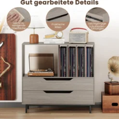 Plattenspieler-Ständer mit 4 Vinyl-Fächern & 2 Schubladen Retro Vinyl Halterung Grau