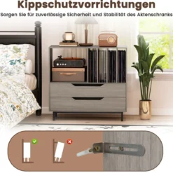 Plattenspieler-Ständer mit 4 Vinyl-Fächern & 2 Schubladen Retro Vinyl Halterung Grau
