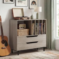 Plattenspieler-Ständer mit 4 Vinyl-Fächern & 2 Schubladen Retro Vinyl Halterung Grau
