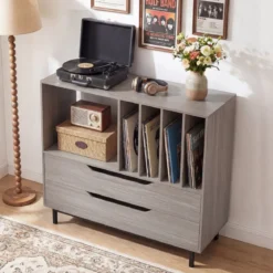 Plattenspieler-Ständer mit 4 Vinyl-Fächern & 2 Schubladen Retro Vinyl Halterung Grau