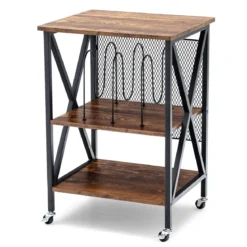 Plattenständer mit 3 Ablagen 3-Stöckiger Plattenregal Rollbar 52 x 45 x 75 cm Braun