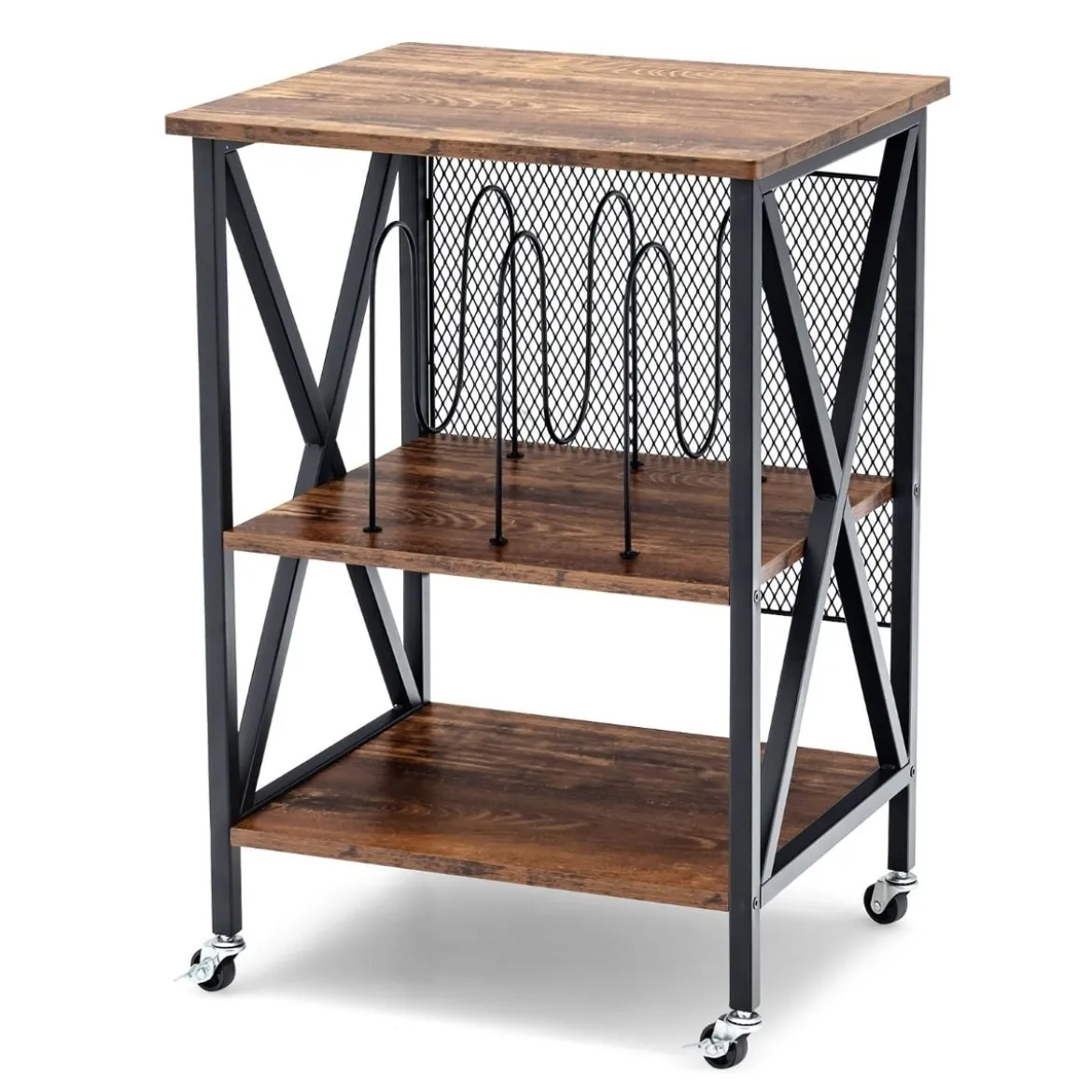 Plattenständer mit 3 Ablagen 3-Stöckiger Plattenregal Rollbar 52 x 45 x 75 cm Braun