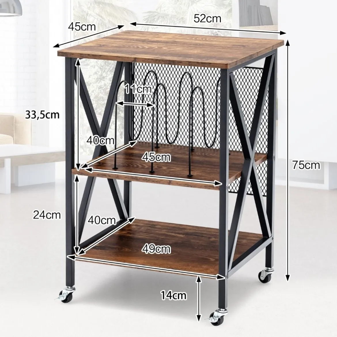 Plattenständer mit 3 Ablagen 3-Stöckiger Plattenregal Rollbar 52 x 45 x 75 cm Braun