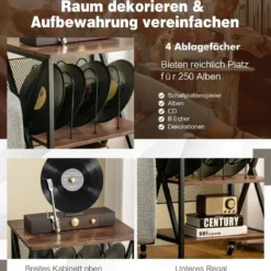 Plattenständer mit 3 Ablagen 3-Stöckiger Plattenregal Rollbar 52 x 45 x 75 cm Braun
