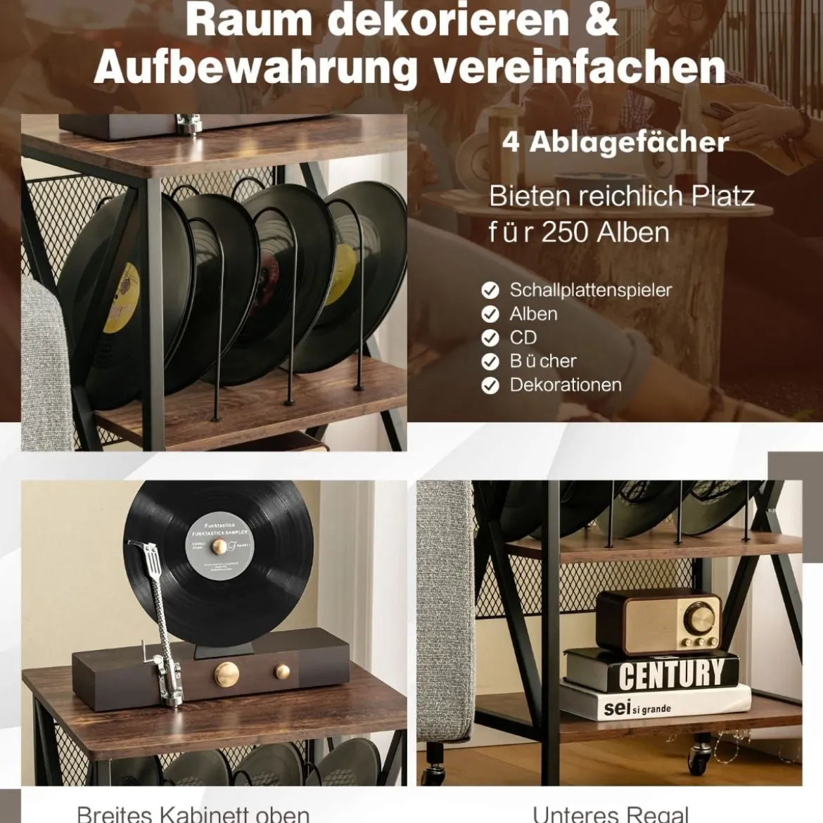 Plattenständer mit 3 Ablagen 3-Stöckiger Plattenregal Rollbar 52 x 45 x 75 cm Braun