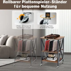 Plattenständer mit 3 Ablagen 3-Stöckiger Plattenregal Rollbar 52 x 45 x 75 cm Braun