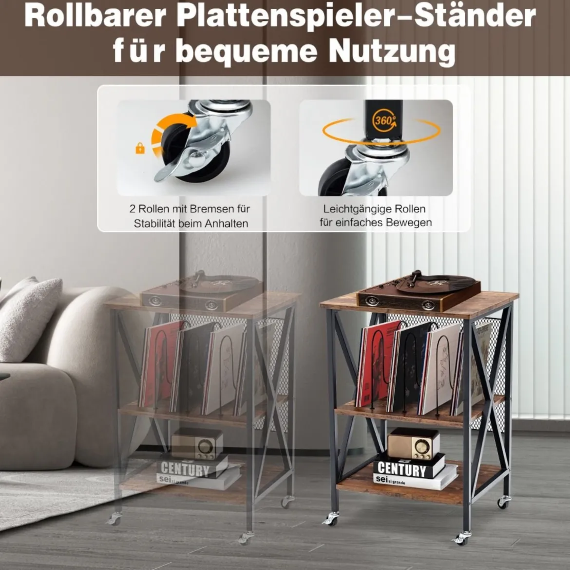 Plattenständer mit 3 Ablagen 3-Stöckiger Plattenregal Rollbar 52 x 45 x 75 cm Braun