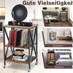 Plattenständer mit 3 Ablagen 3-Stöckiger Plattenregal Rollbar 52 x 45 x 75 cm Braun