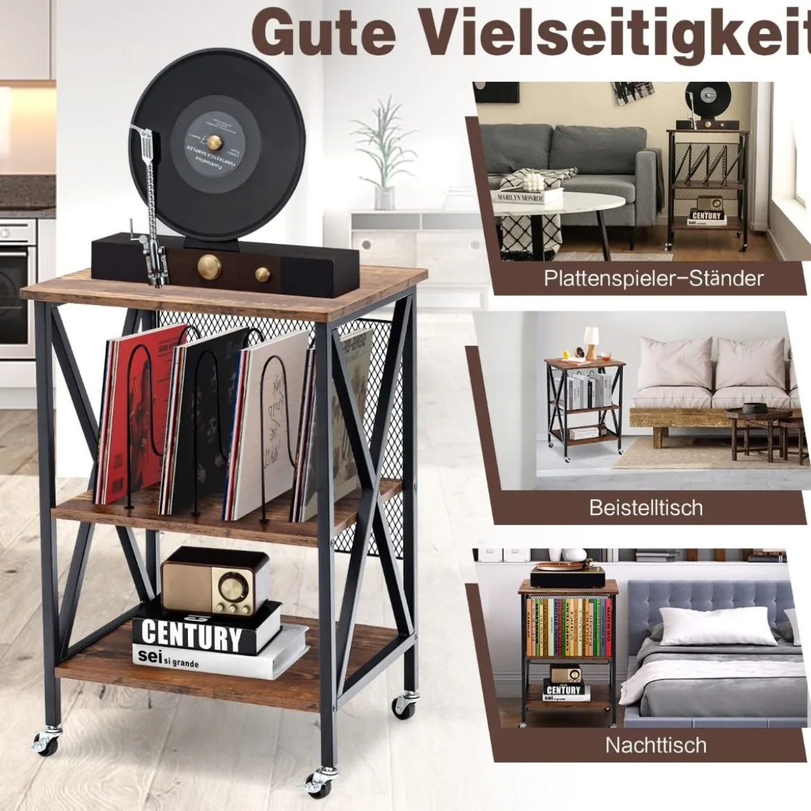Plattenständer mit 3 Ablagen 3-Stöckiger Plattenregal Rollbar 52 x 45 x 75 cm Braun