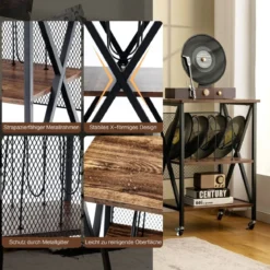 Plattenständer mit 3 Ablagen 3-Stöckiger Plattenregal Rollbar 52 x 45 x 75 cm Braun