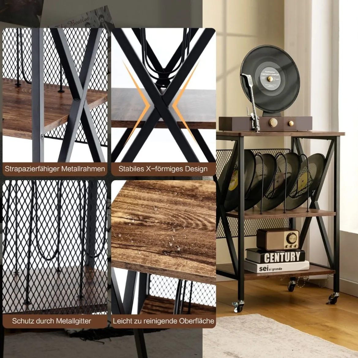 Plattenständer mit 3 Ablagen 3-Stöckiger Plattenregal Rollbar 52 x 45 x 75 cm Braun