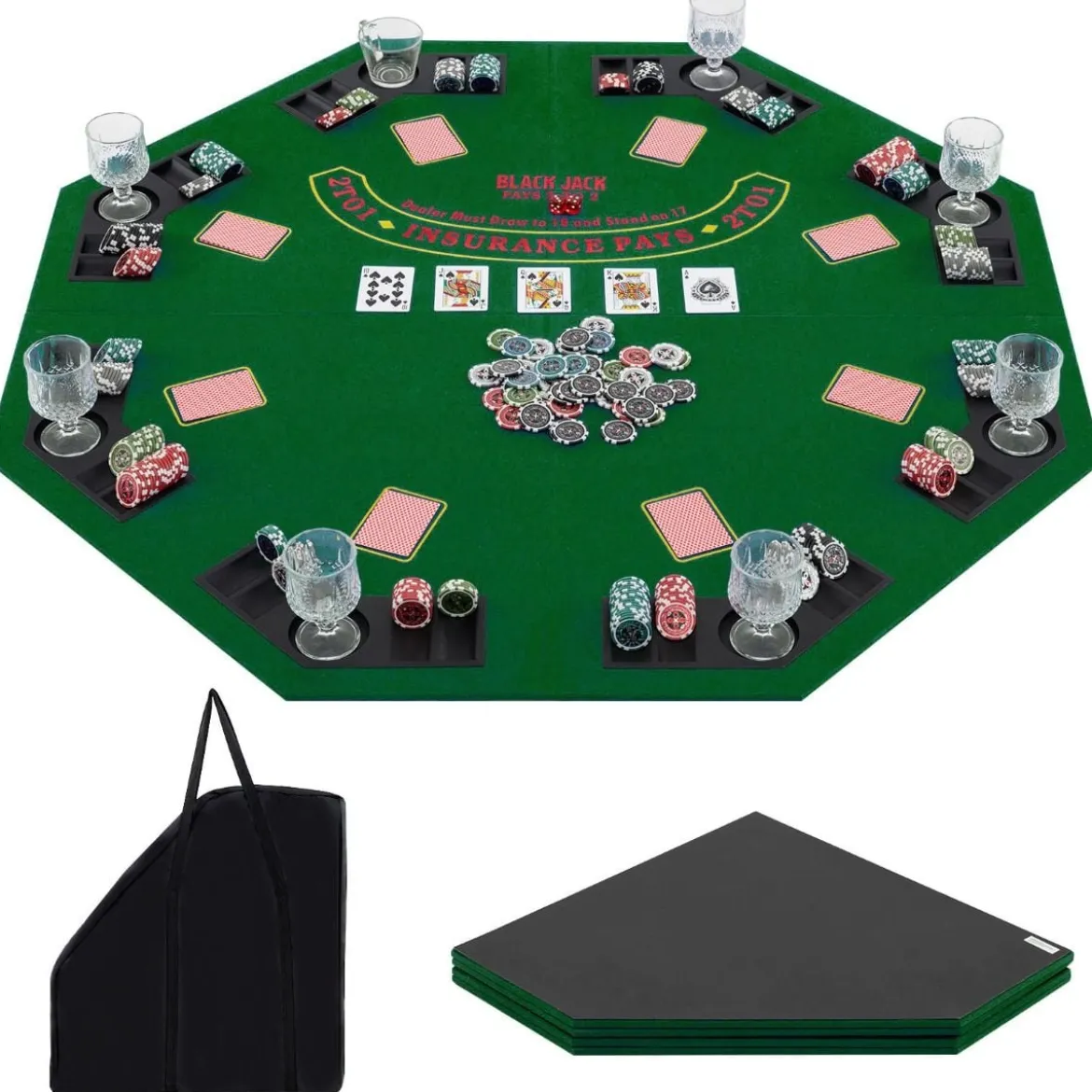 Pokermatte 120 x 120 cm Texas Holdem Pokertisch-Auflage faltbar für 8 Spieler mit Getränkehaltern Grün