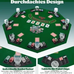 Pokermatte 120 x 120 cm Texas Holdem Pokertisch-Auflage faltbar für 8 Spieler mit Getränkehaltern Grün