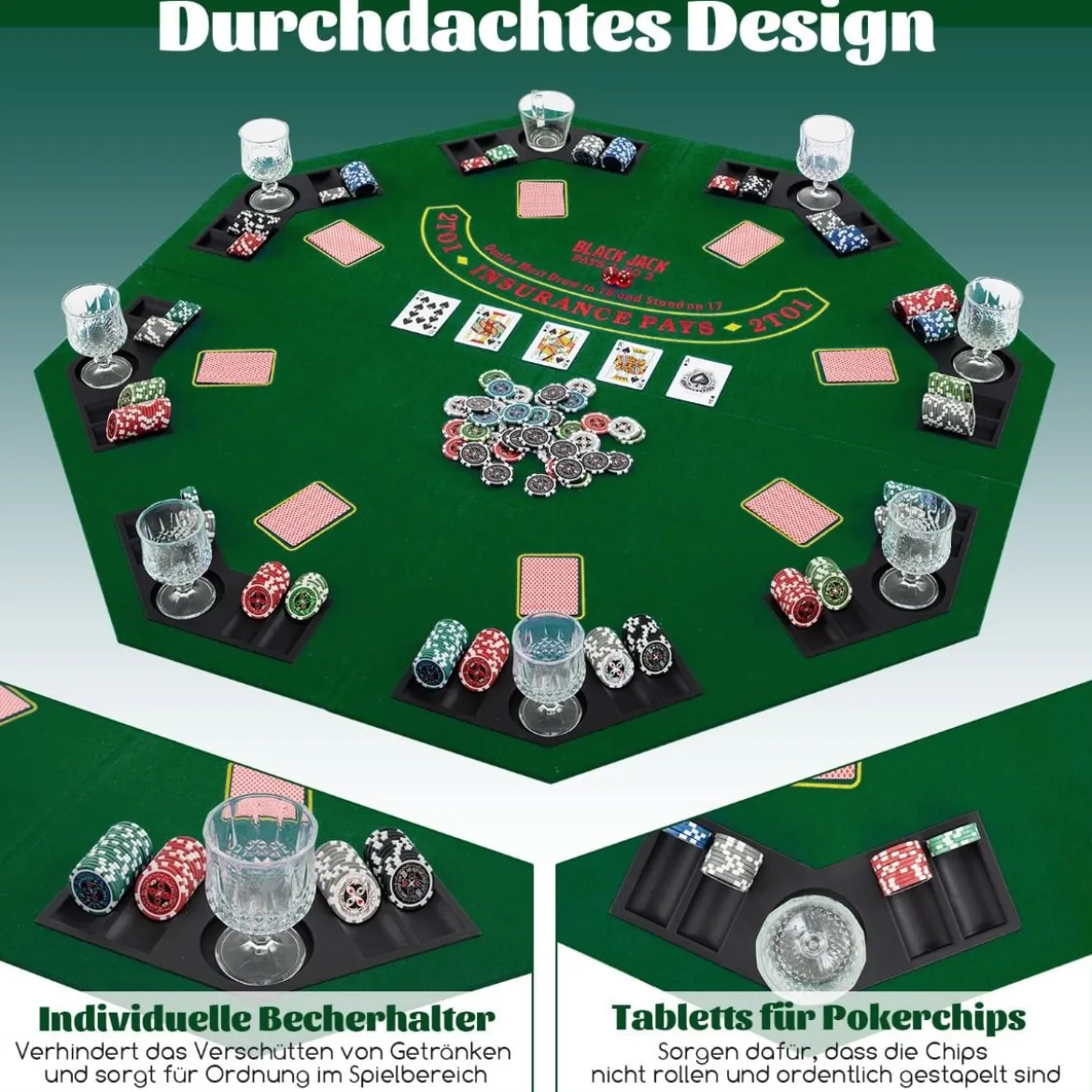 Pokermatte 120 x 120 cm Texas Holdem Pokertisch-Auflage faltbar für 8 Spieler mit Getränkehaltern Grün