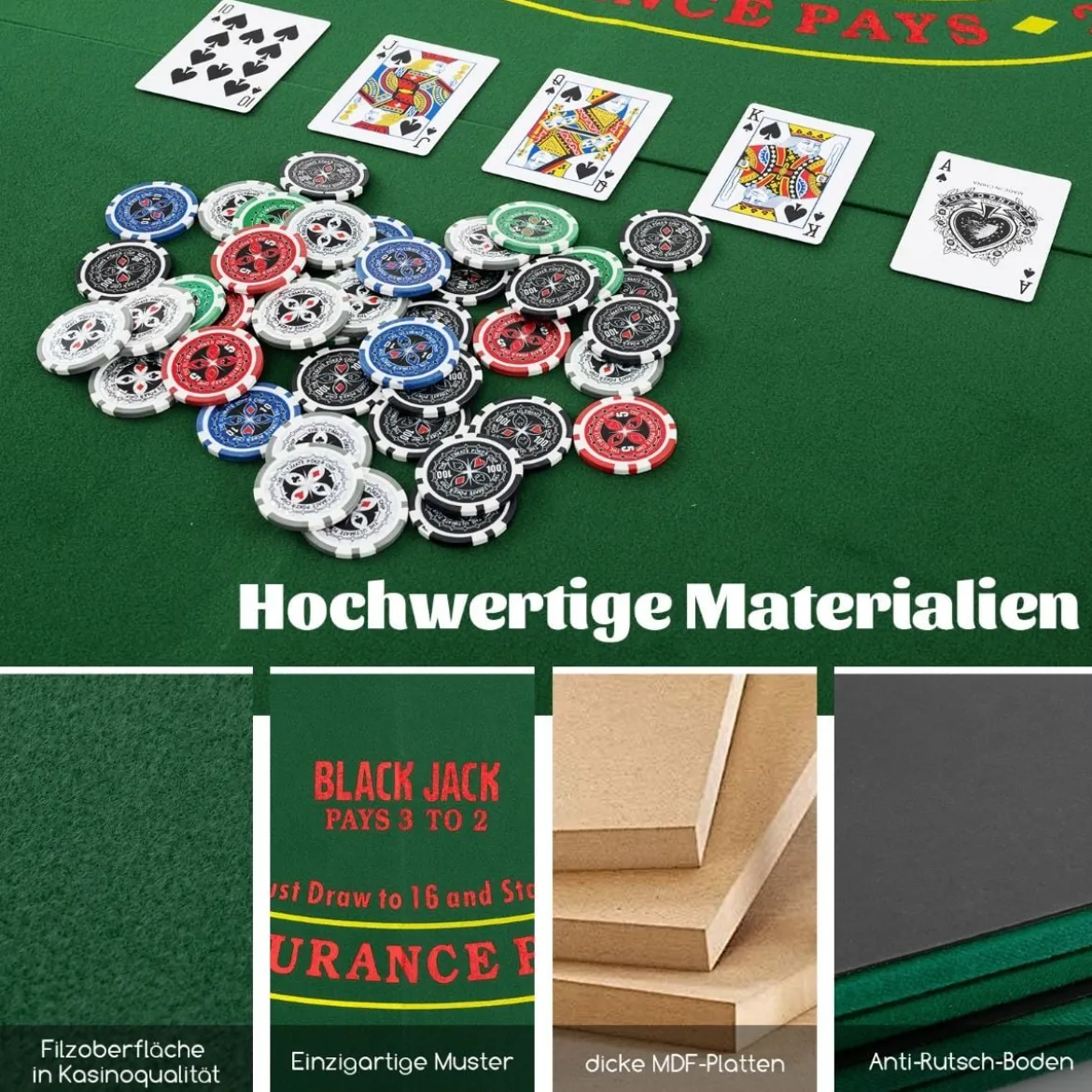 Pokermatte 120 x 120 cm Texas Holdem Pokertisch-Auflage faltbar für 8 Spieler mit Getränkehaltern Grün