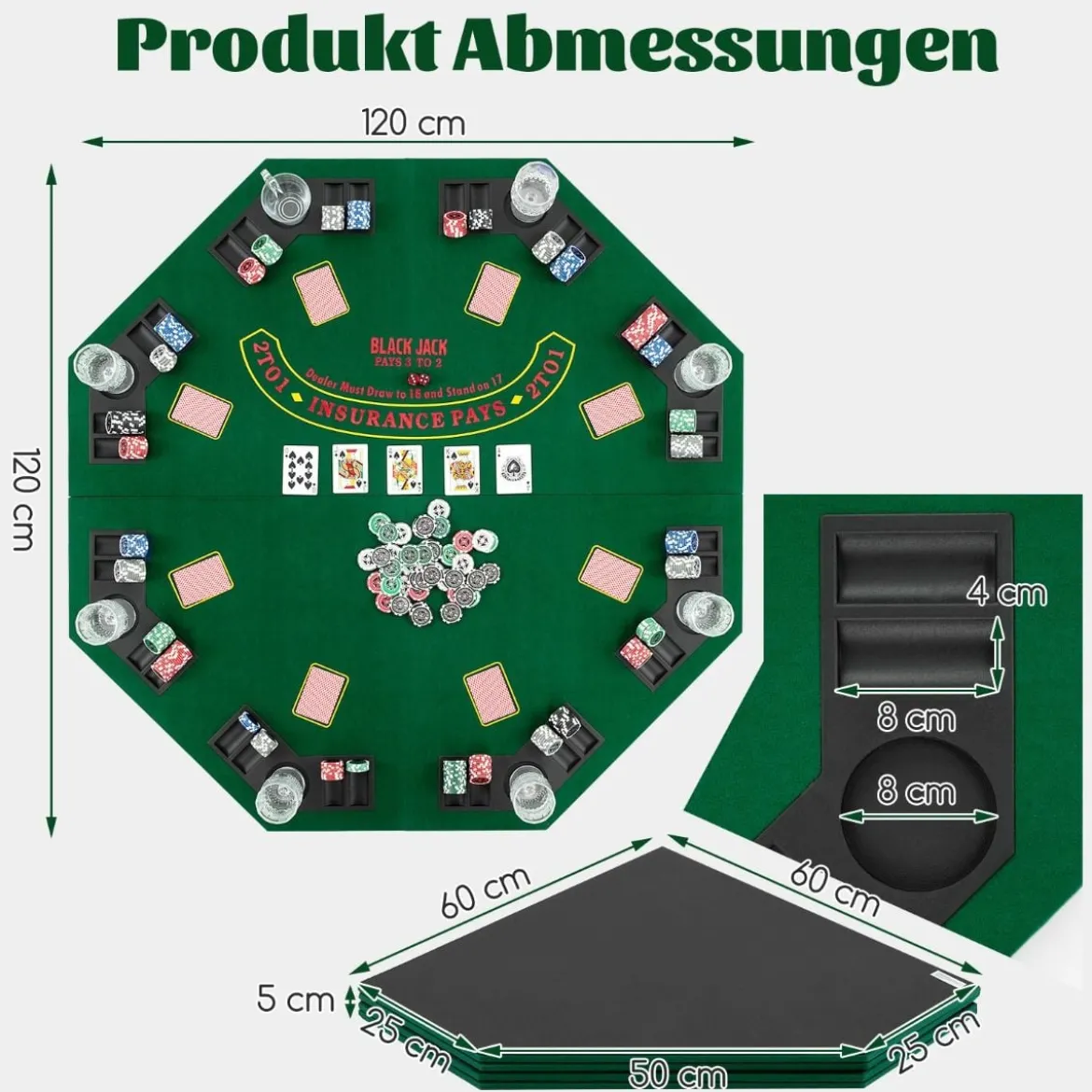 Pokermatte 120 x 120 cm Texas Holdem Pokertisch-Auflage faltbar für 8 Spieler mit Getränkehaltern Grün